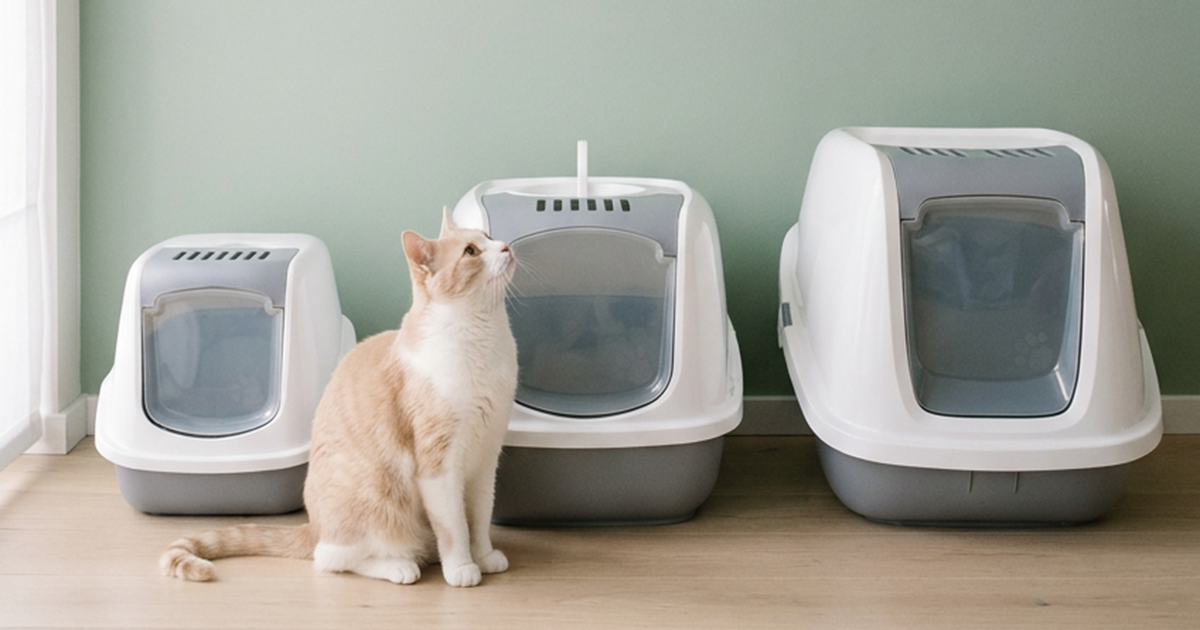 Three white and grey Nestor cat litter boxes in three sizes against a sage green wall, with a cream cat looking up