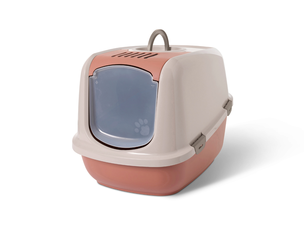 Nestor Jumbo litter box with tuscan red base, spacious design for large cats, foldable front, and odour control features.