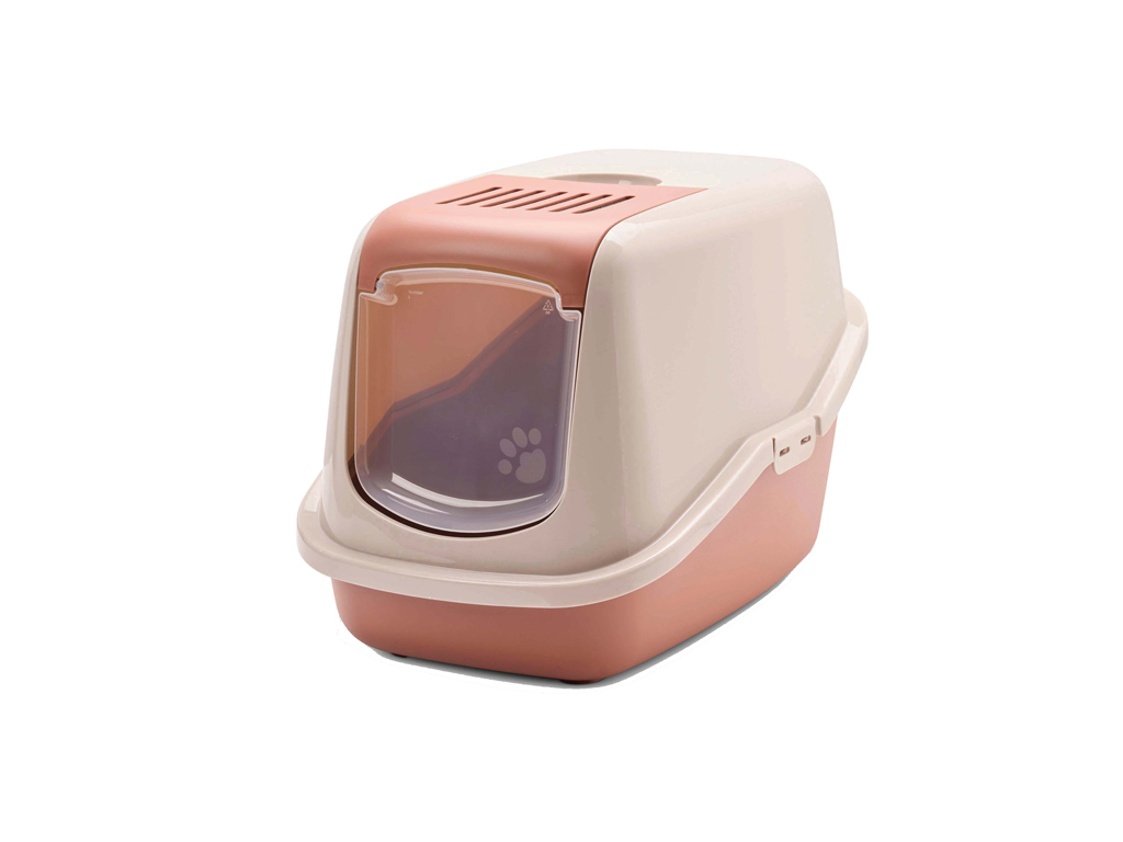 Nestor litter box with tuscan red base and champagne pink hood, featuring a foldable front, high back, and odour control features.