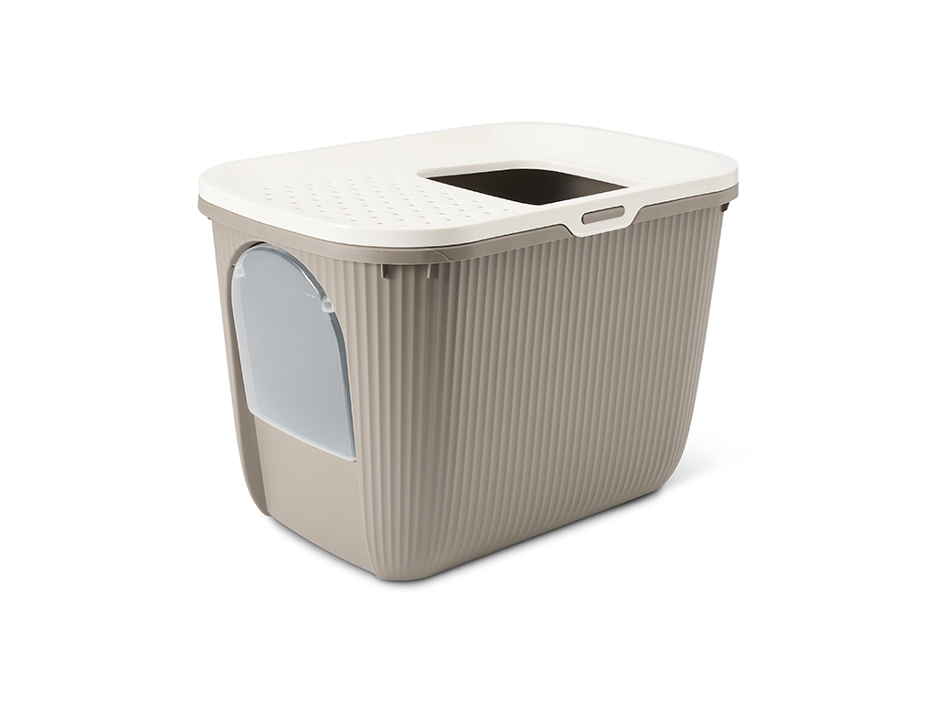 Savic Ease-In warm grey cat litter tray with top entry and front door, ribbed sides and built-in litter grid.