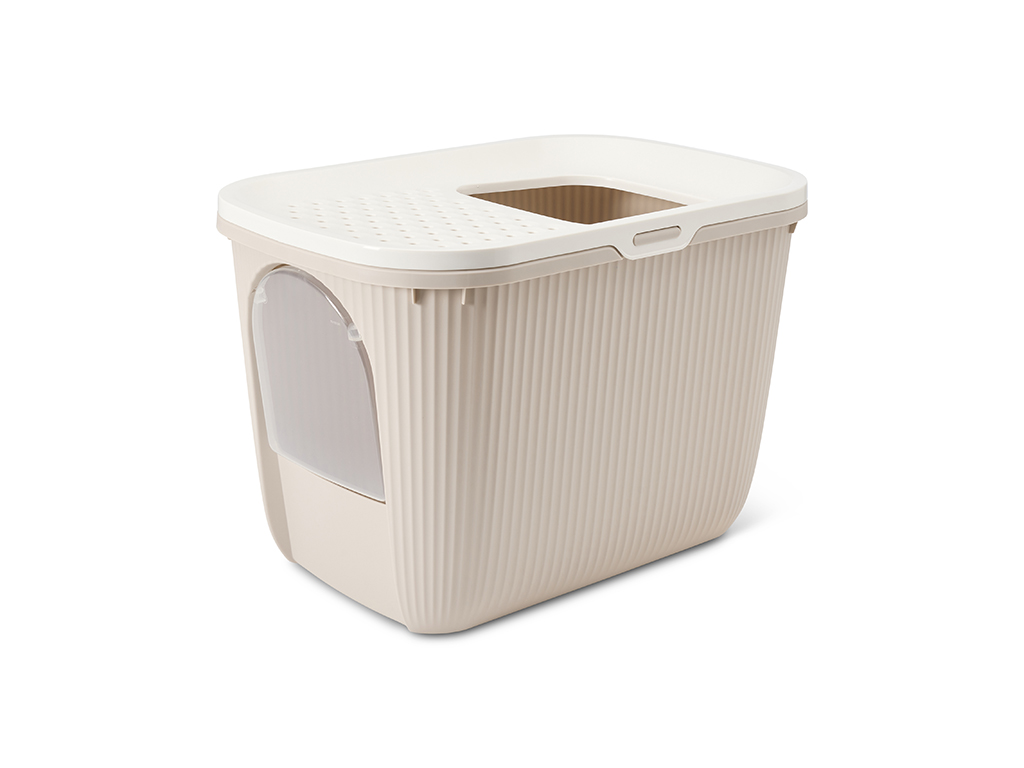 Savic Ease-In mocha cat litter tray with top entry and front door, ribbed sides and built-in litter grid.