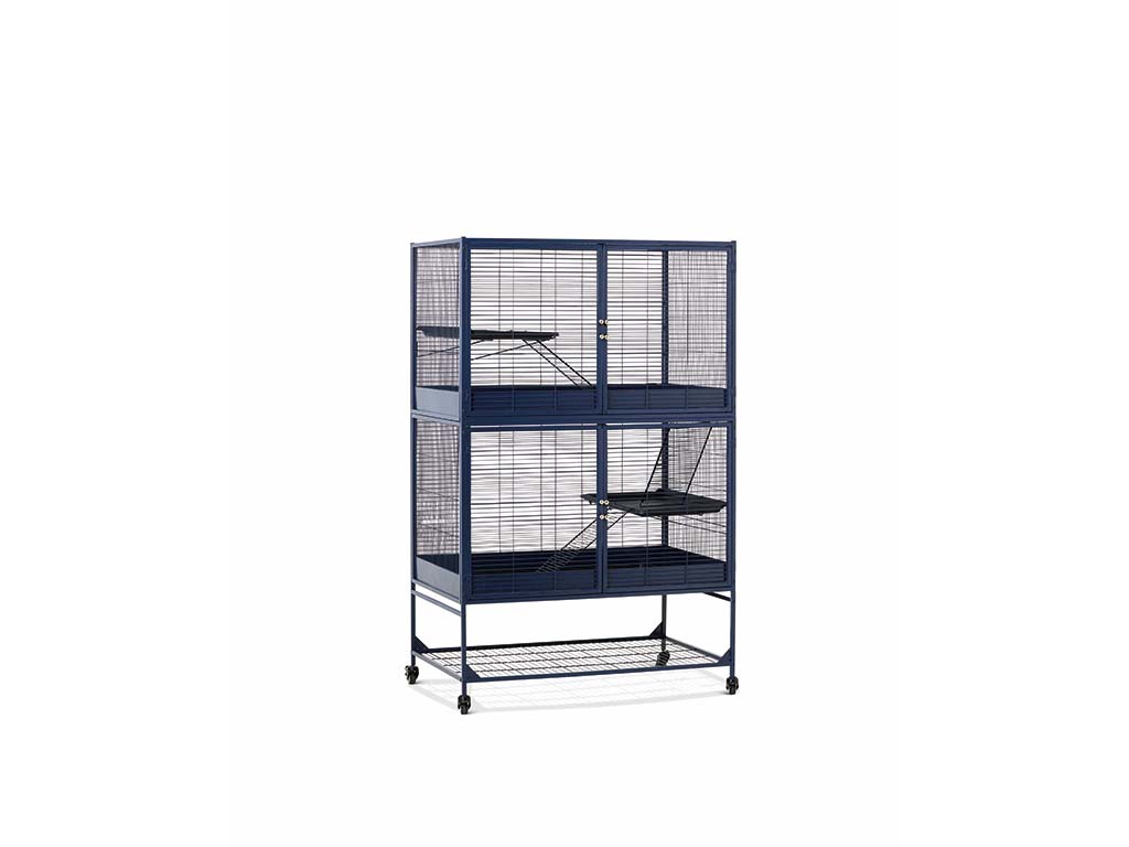Large navy blue Royal Suite 100 Double animal cage with double doors, platforms, storage stand and wheels