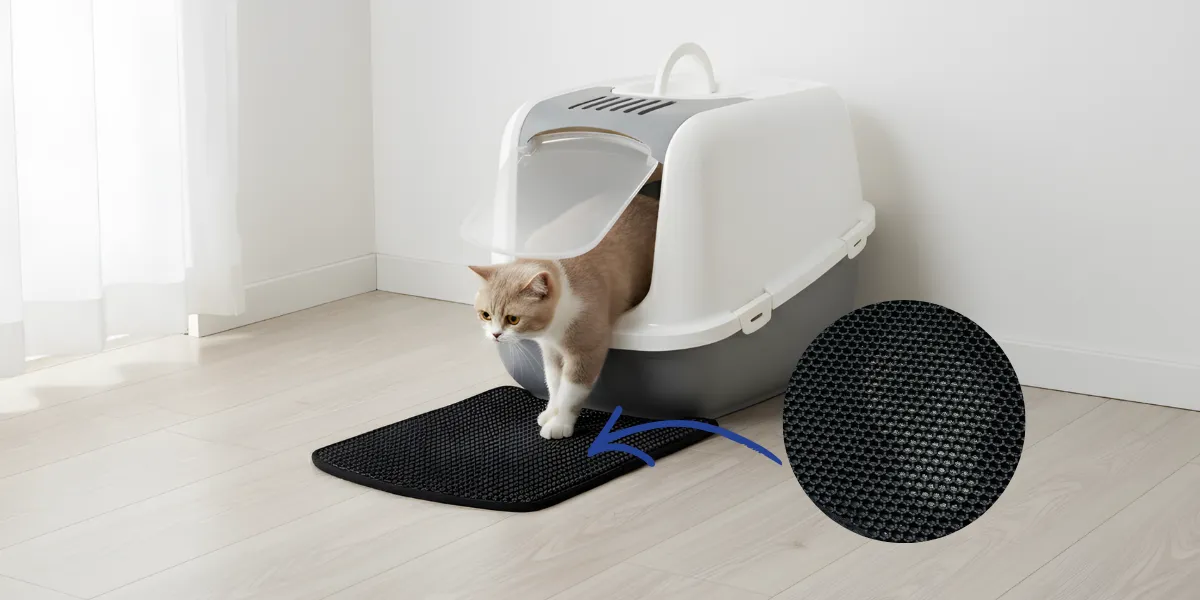 Cat steps out litter box on Litter Catcher Mat