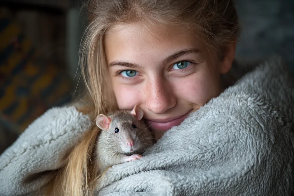 Girl wrapped in blanket holding pet rat, featured in Inside Royal Suite blog.