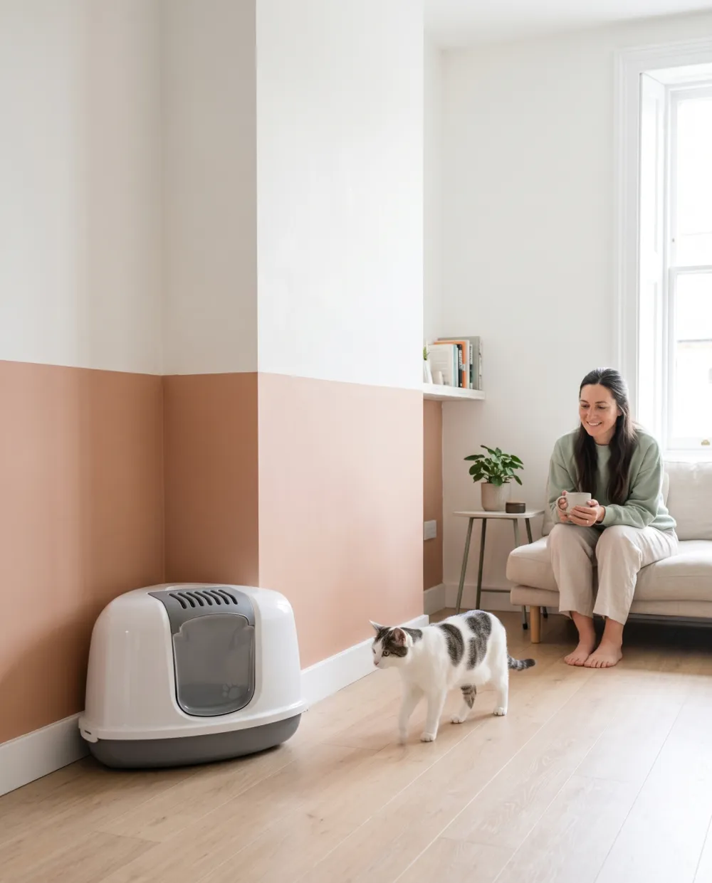 A woman kneels by a white and grey corner litter box in a small flat while a black and white cat sniffs the door