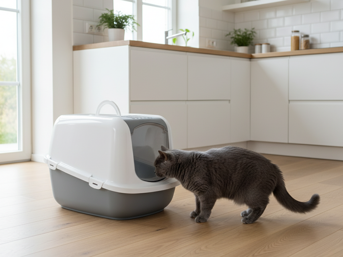Savic Nestor Jumbo Cool Grey large folding front cat litter box with white hood and carbon filter in home setting with cat