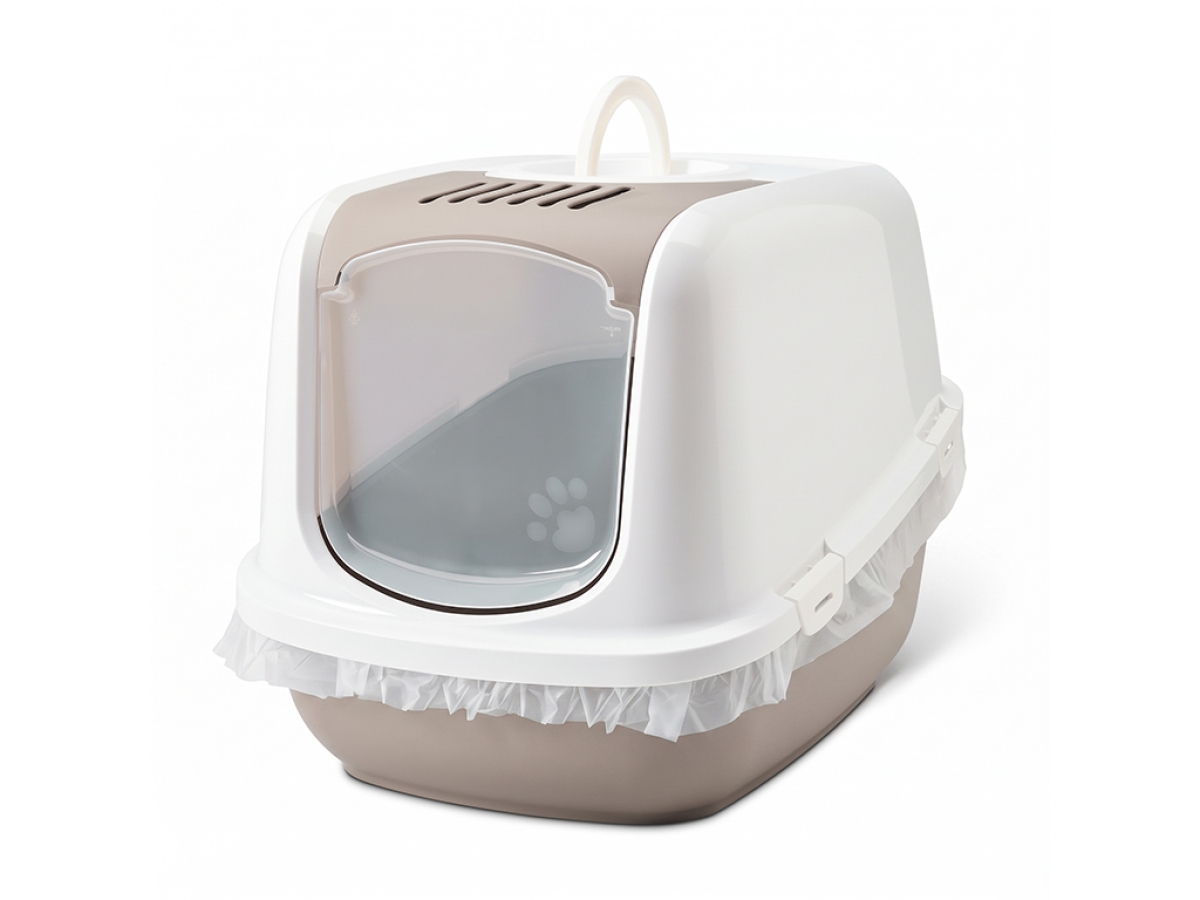 Savic Nestor Jumbo Warm Grey large hooded cat litter box 66.5 x 48.5 x 46.5 cm folding front swing door white hood warm grey tray.