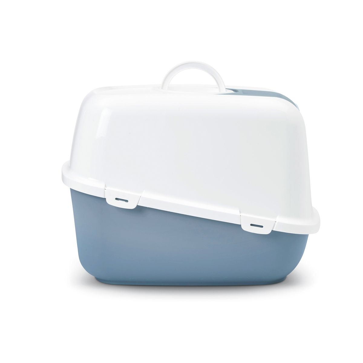Savic Nestor Jumbo Bluestone large folding front cat litter box with white hood and carbon filter, side view