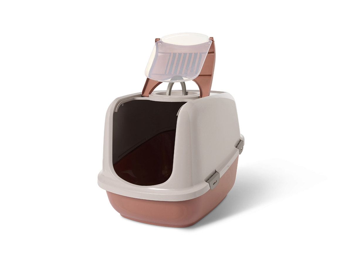 Savic Nestor Jumbo Champagne Pink–Tuscan Red large folding front cat litter box with carbon filter, open view