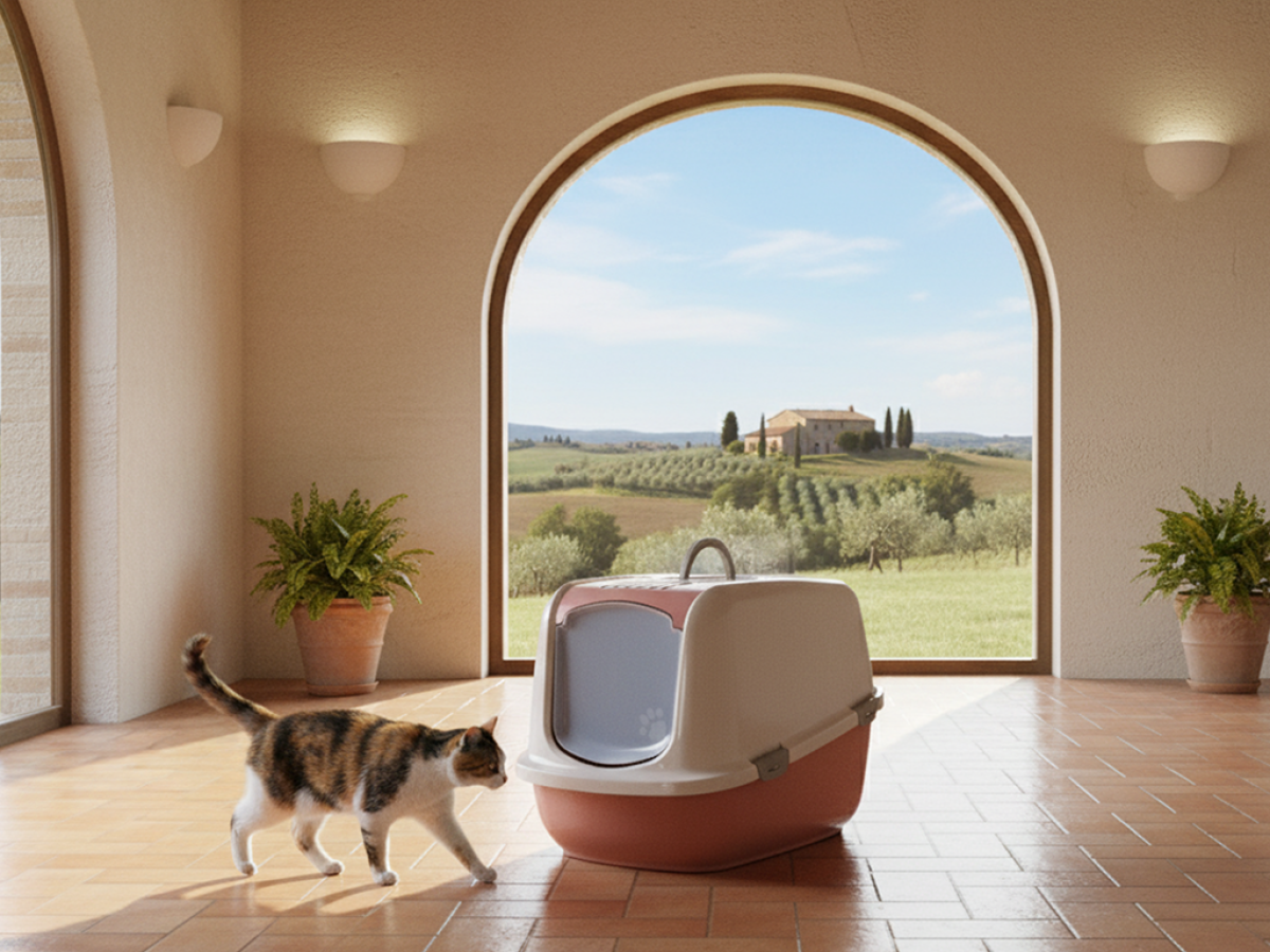 Savic Nestor Jumbo Champagne Pink–Tuscan Red large folding front cat litter box with carbon filter with cat in home setting