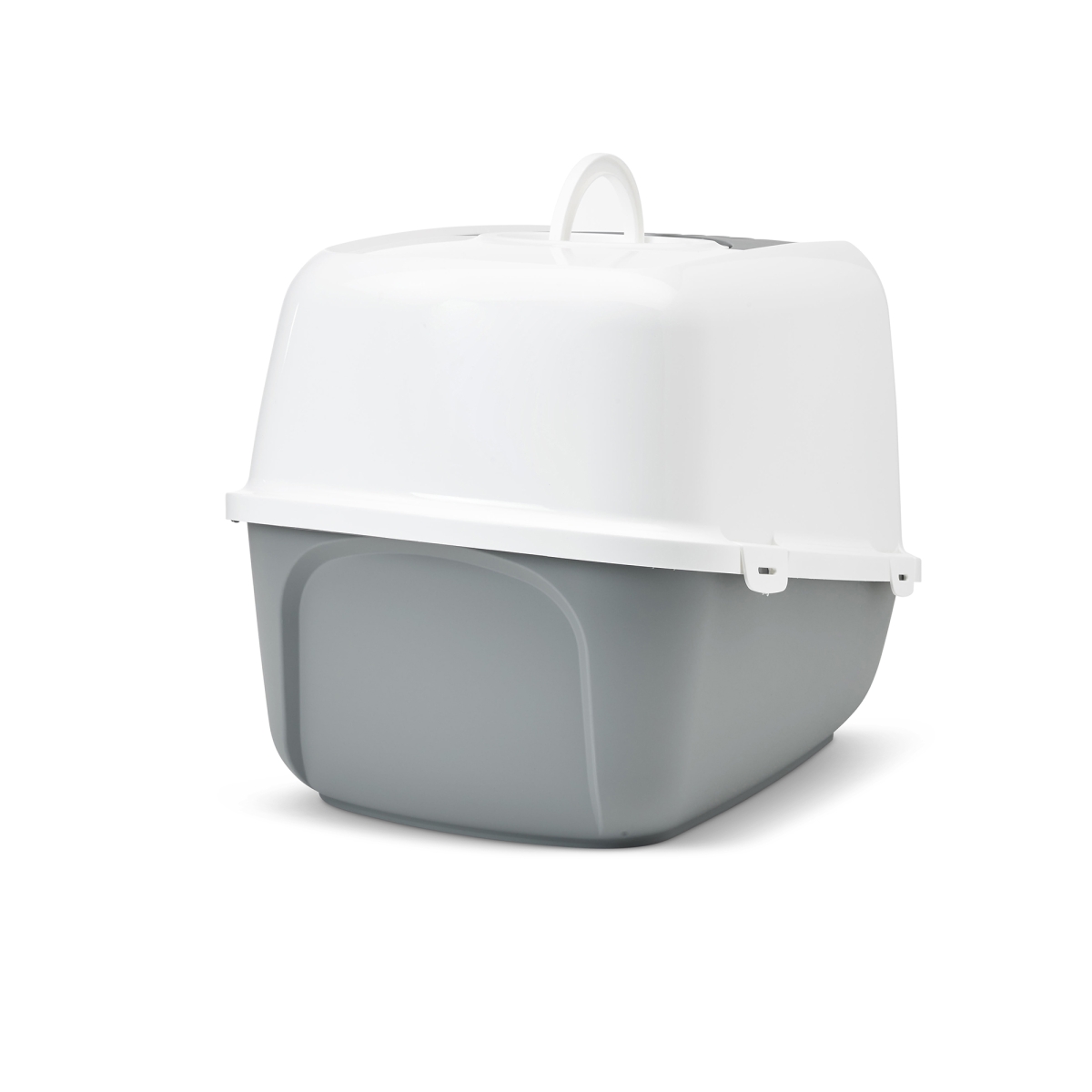 Savic Nestor Jumbo Cool Grey large folding front cat litter box with white hood and carbon filter, back view