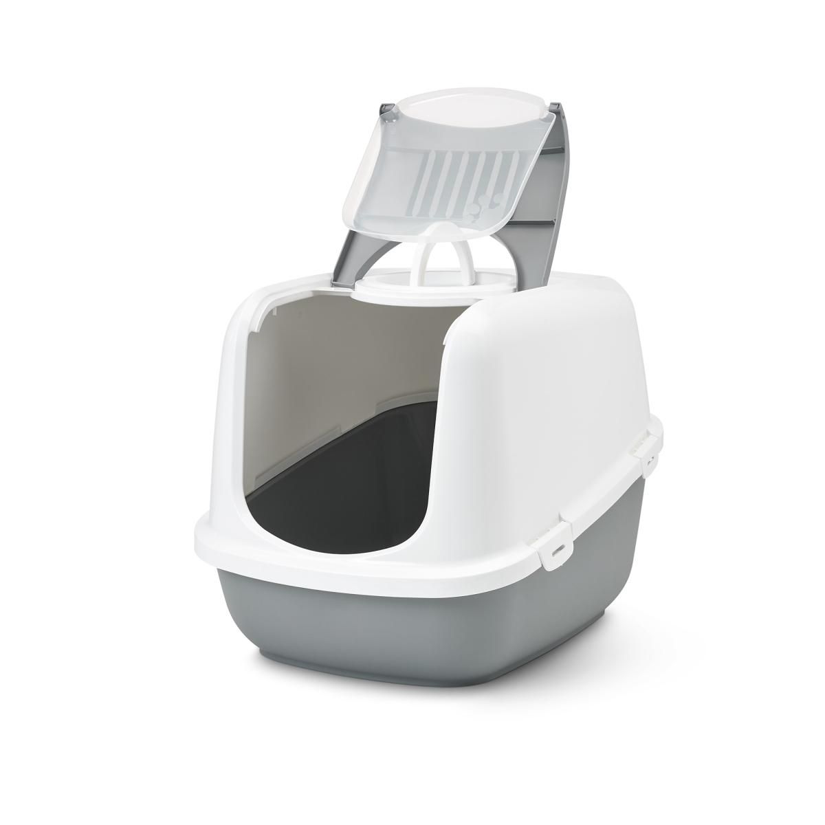 Savic Nestor Jumbo Cool Grey large folding front cat litter box with white hood and carbon filter, open view
