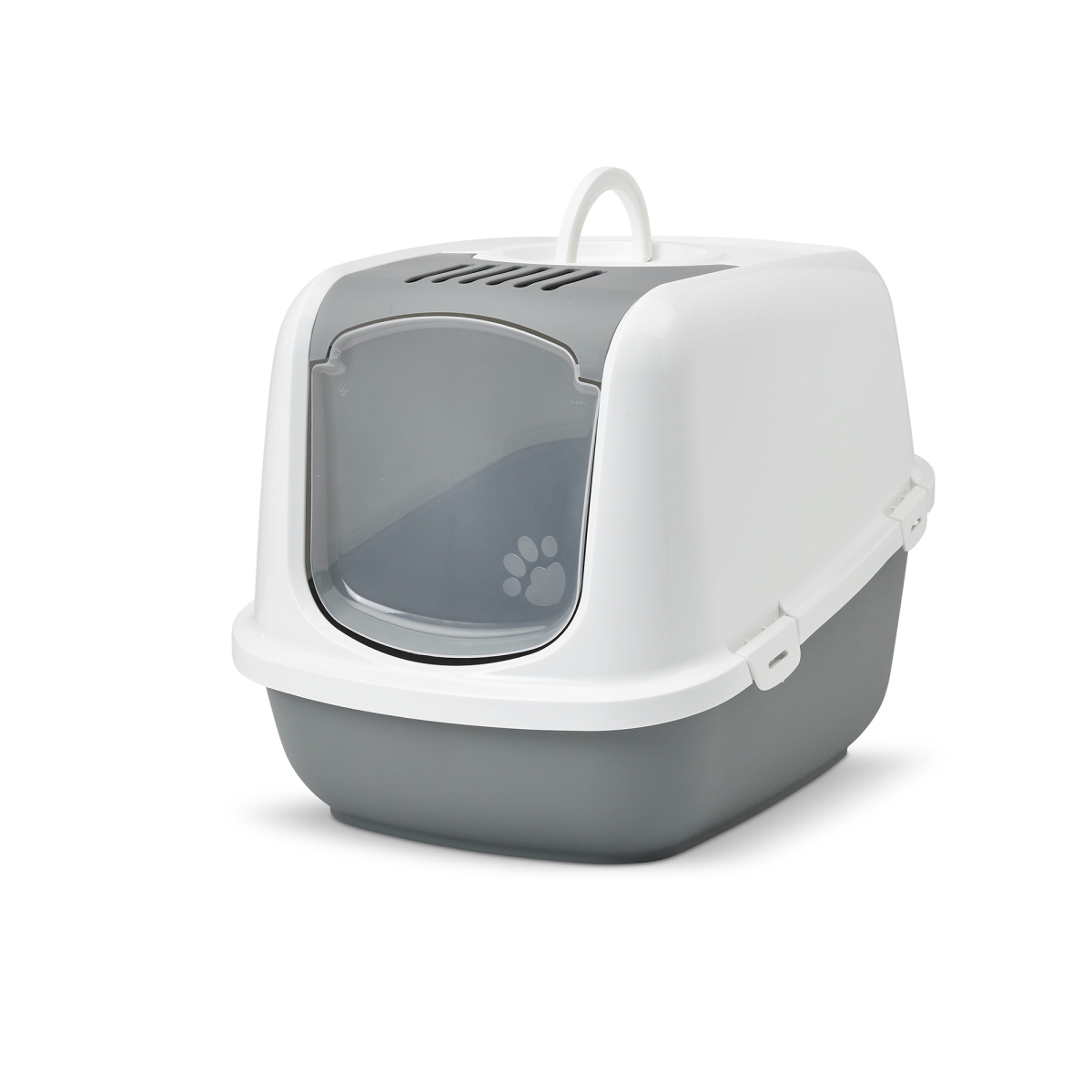 Savic Nestor Jumbo Cool Grey large folding front cat litter box with white hood and carbon filter