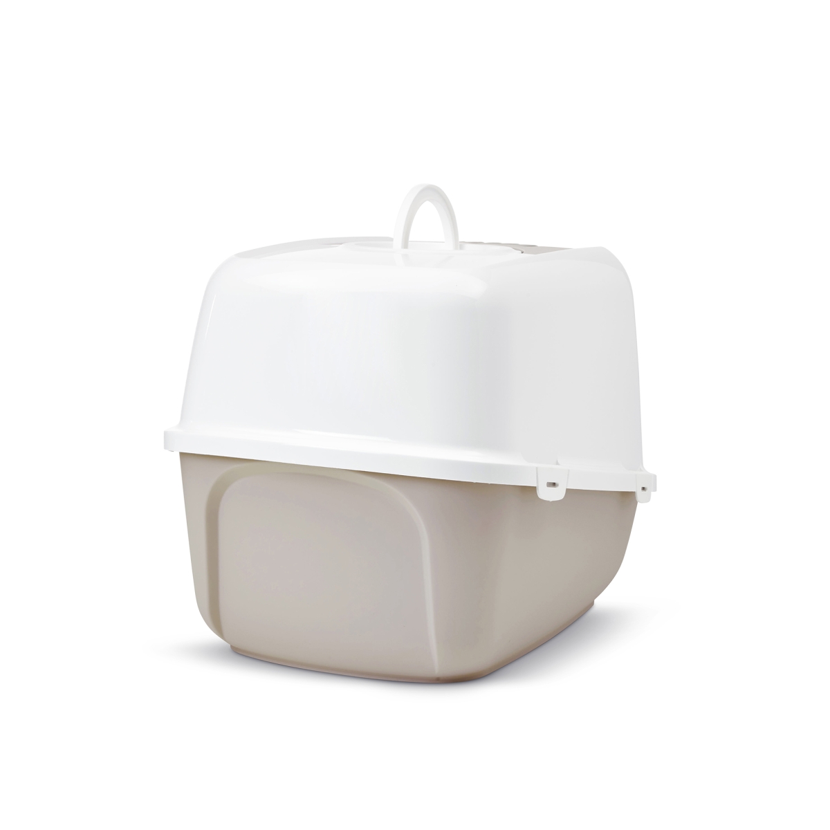 Savic Nestor Jumbo Mocha large folding front cat litter box with white hood and carbon filter, back view