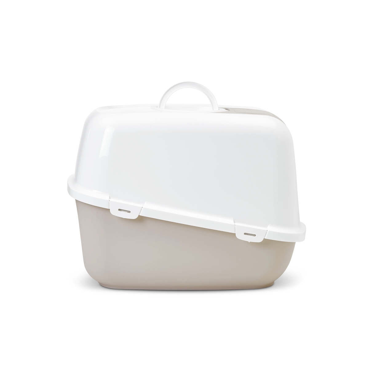 Savic Nestor Jumbo Mocha large folding front cat litter box with white hood and carbon filter, side view