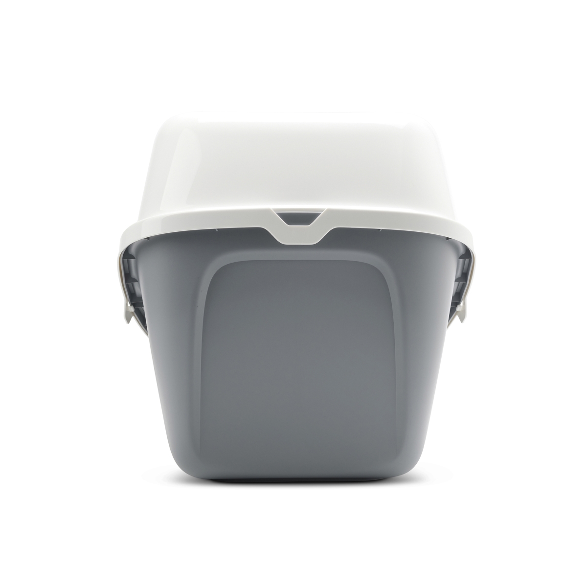 Nestor Giant Cool Grey – Extra-Large Folding Cat Litter Box Back view of Savic Nestor Giant Cool Grey extra-large folding front cat litter box with white top and carbon filters