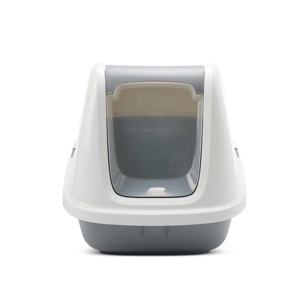 Nestor Giant Cool Grey – Extra-Large Folding Cat Litter Box Front view of Savic Nestor Giant Cool Grey extra-large folding front cat litter box with white top and carbon filters