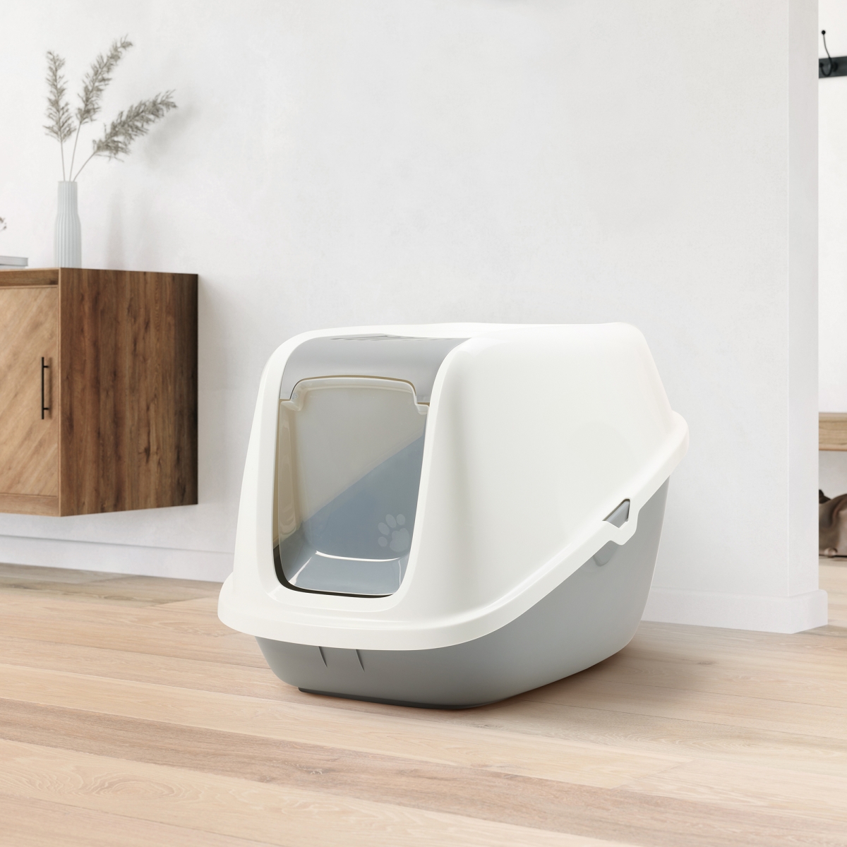 Nestor Giant Cool Grey – Extra-Large Folding Cat Litter Box Savic Nestor Giant Cool Grey extra-large folding front cat litter box with white top and carbon filters in home setting