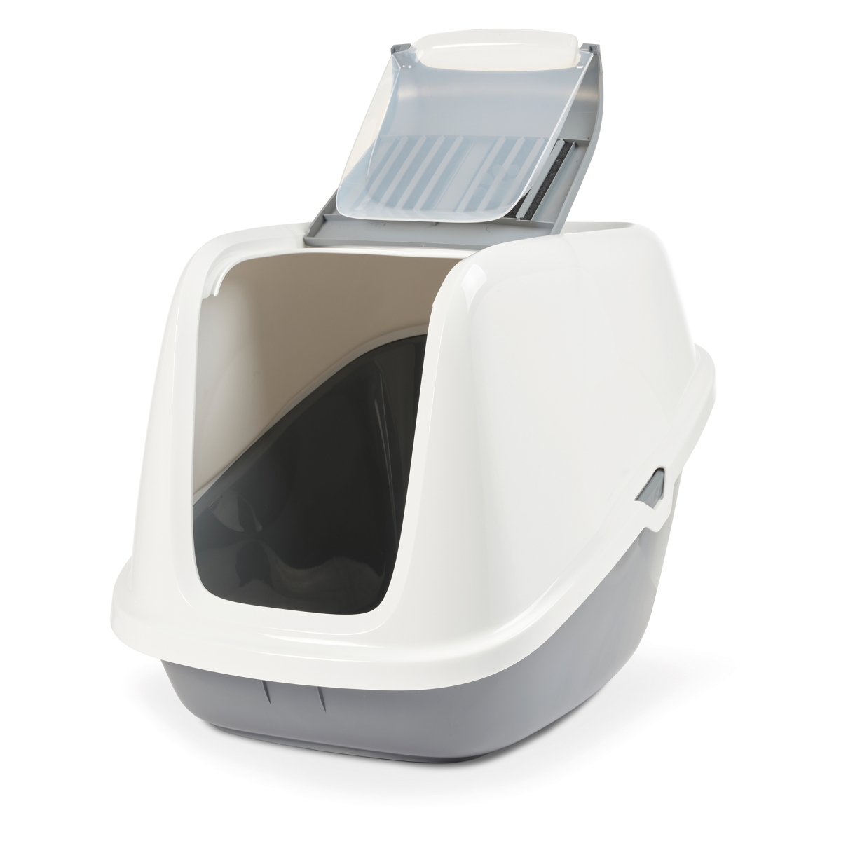 Nestor Giant Cool Grey – Extra-Large Folding Cat Litter Box Savic Nestor Giant Cool Grey extra-large folding front cat litter box with white top and carbon filters, foldable front