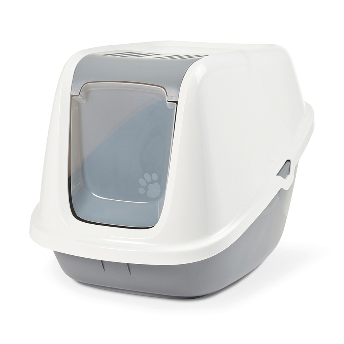 Nestor Giant Cool Grey – Extra-Large Folding Cat Litter Box Savic Nestor Giant Cool Grey extra-large folding front cat litter box with white top and carbon filters