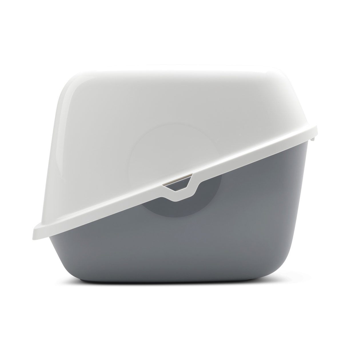 Nestor Giant Cool Grey – Extra-Large Folding Cat Litter Box Side view Savic Nestor Giant Cool Grey extra-large folding front cat litter box with white top and carbon filters