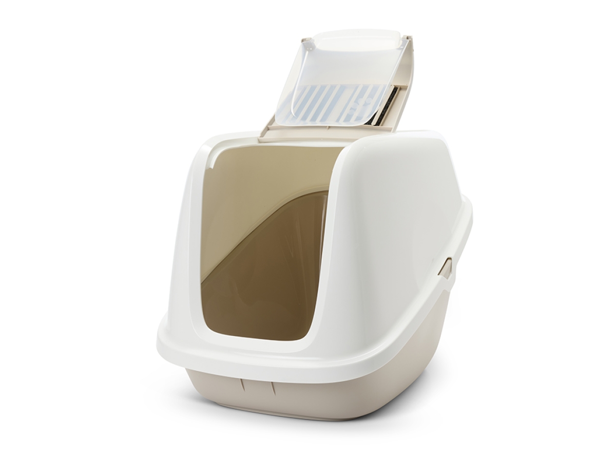 Savic Nestor Giant extra-large cat litter box in white and mocha, swing door, filter compartment lid, 75.5 × 56 × 55.5 cm.
