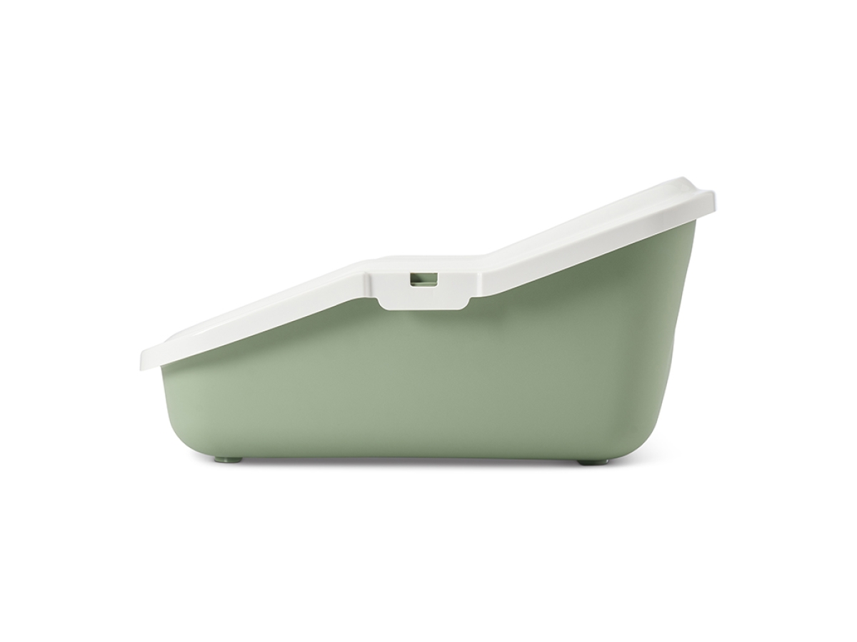 Savic Aseo open cat litter tray in botanical green with white rim. High back wall and low front entry. 56 x 39 x 27.5 cm