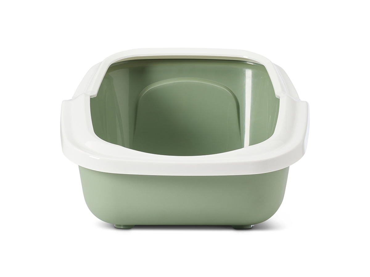 Savic Aseo open cat litter tray in botanical green with white rim. High back wall and low front entry. 56 x 39 x 27.5 cm