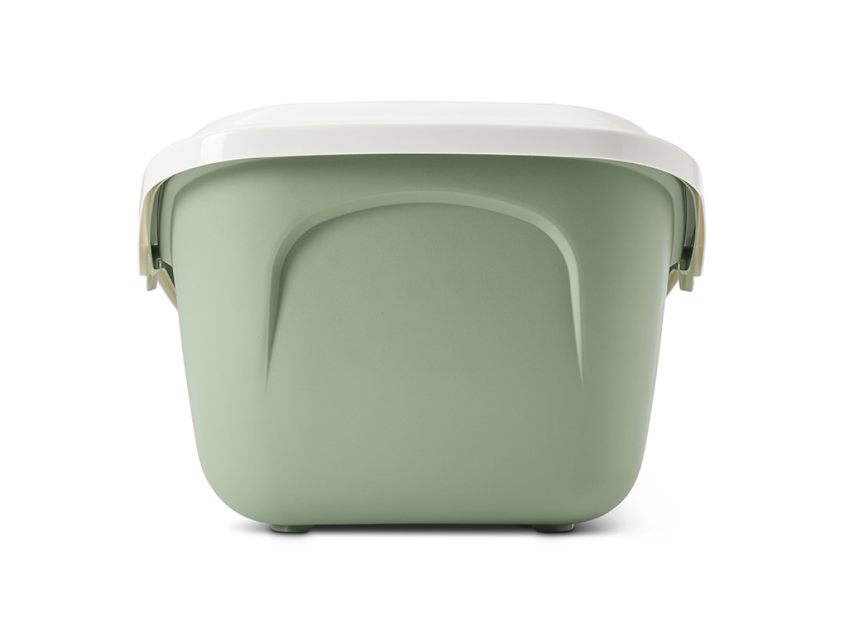 Savic Aseo open cat litter tray in botanical green with white rim. High back wall and low front entry. 56 x 39 x 27.5 cm