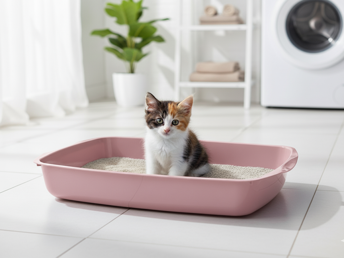 Litter Tray 38 cm – Starter Litter Box for Kittens Savic Litter Tray 38 cm in pink – low-entry kitten litter tray for easy toilet training with kitten sitting in the litter tray