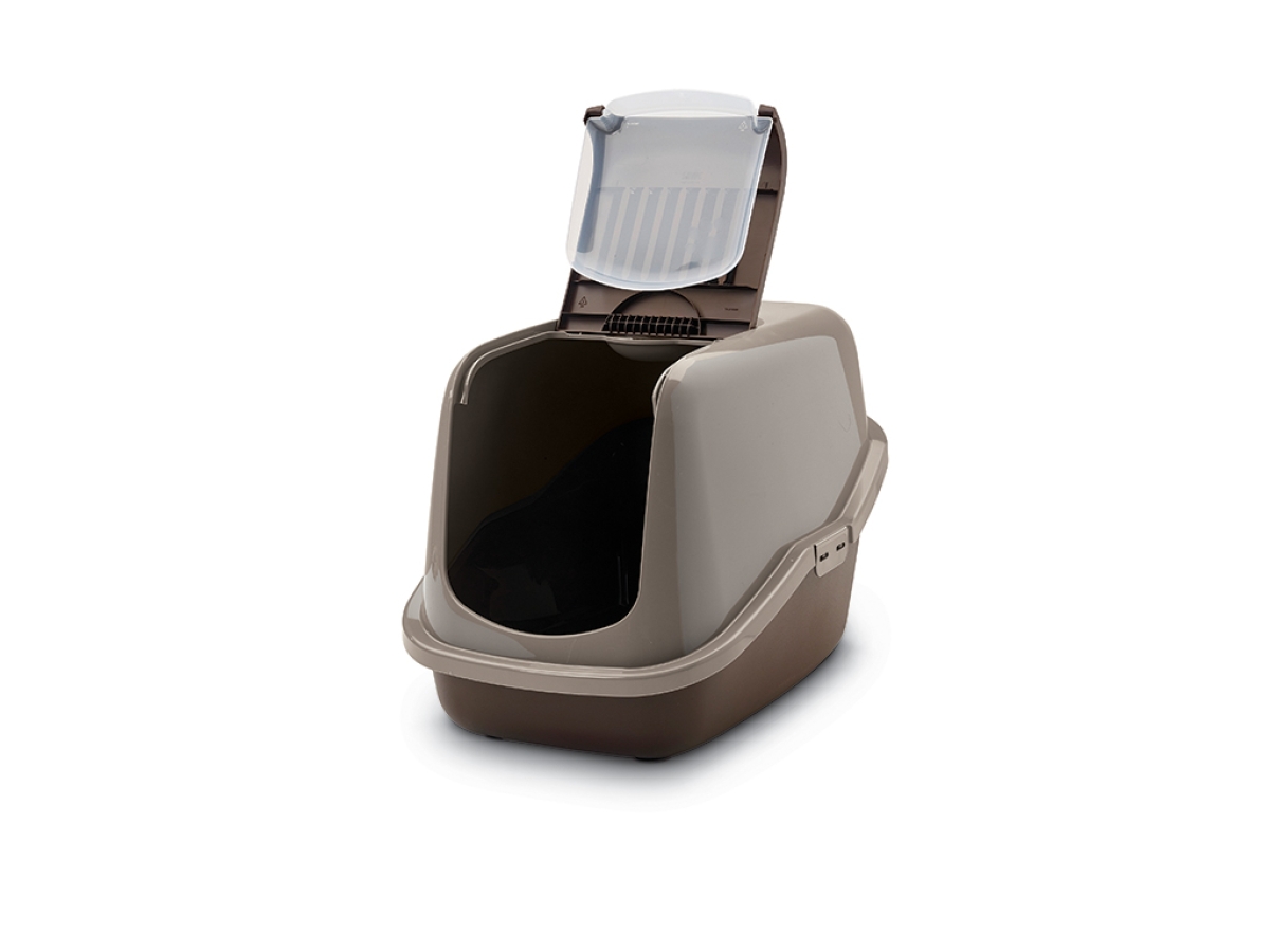 Savic Nestor Warm Grey–Chocolate Brown folding front cat litter box with carbon filter, open front
