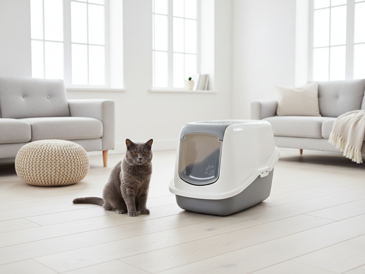 : Savic Nestor Cool Grey folding front cat litter box with white hood and carbon in home setting