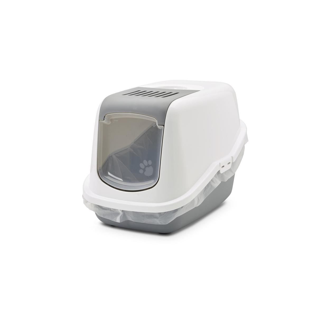 : Savic Nestor Cool Grey folding front cat litter box with white hood and carbon