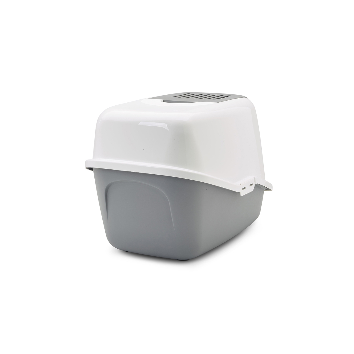 : Savic Nestor Cool Grey folding front cat litter box with white hood and carbon, back view