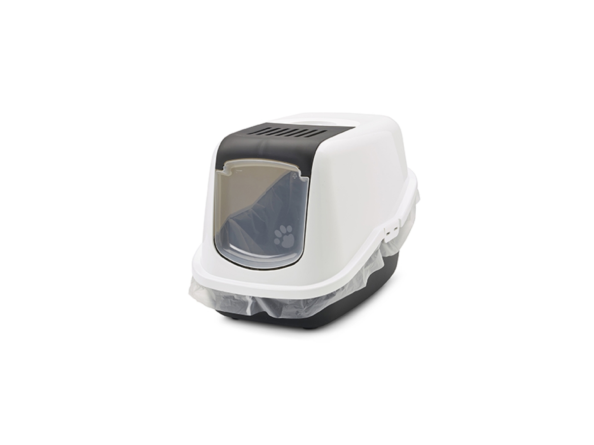 Savic Nestor Black folding front cat litter box with white hood and carbon filter with Bag It Up Maxi