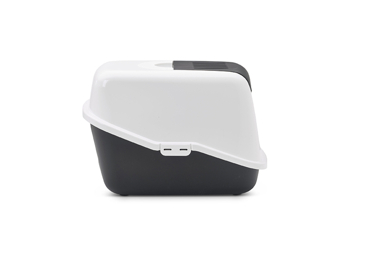 Savic Nestor Black folding front cat litter box with white hood and carbon filter, side view