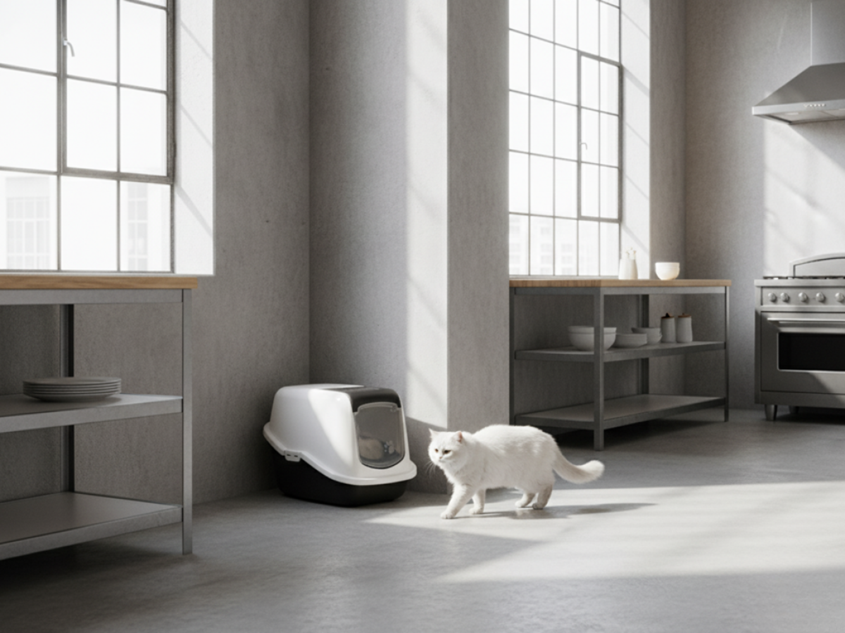 Savic Nestor Black folding front cat litter box with white hood and carbon filter in home setting