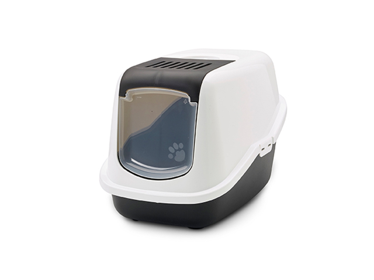 Savic Nestor Black folding front cat litter box with white hood and carbon filter