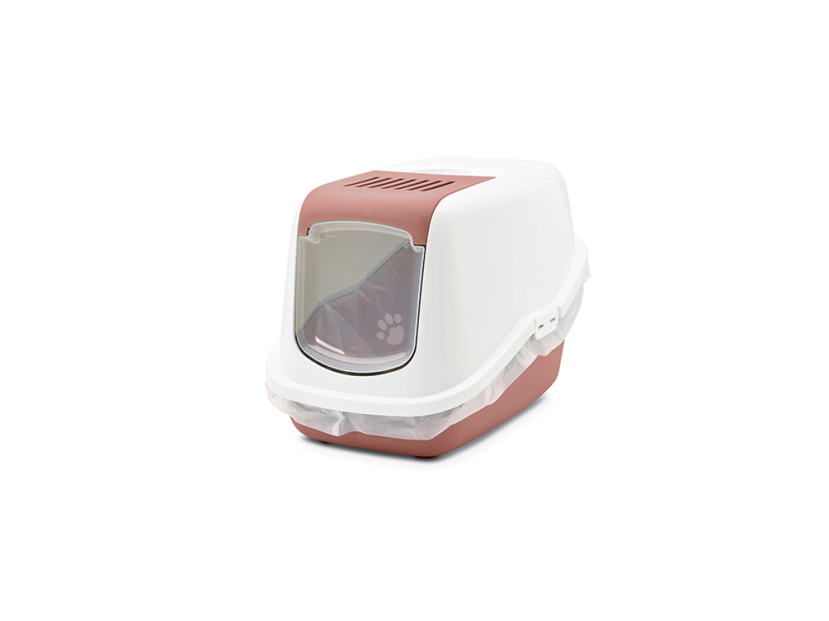 Savic Nestor Ash Rose cat litter box with white hood and carbon filter with Bag It Up Maxi liner