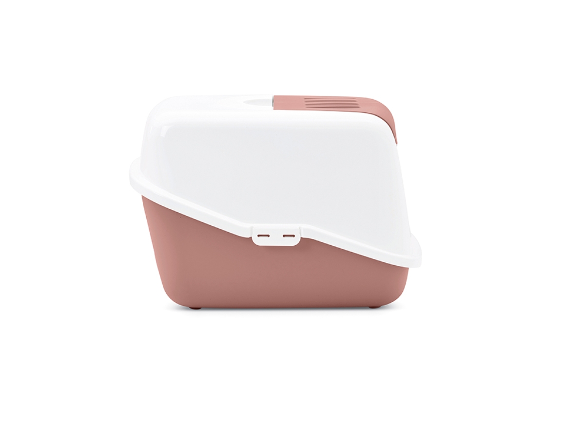 Savic Nestor Ash Rose cat litter box with white hood and carbon filter, side view