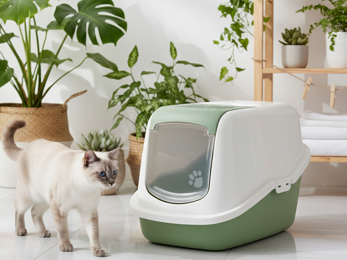 Savic Nestor Botanical Green folding front cat litter box with white hood and carbon filter in home setting with cat