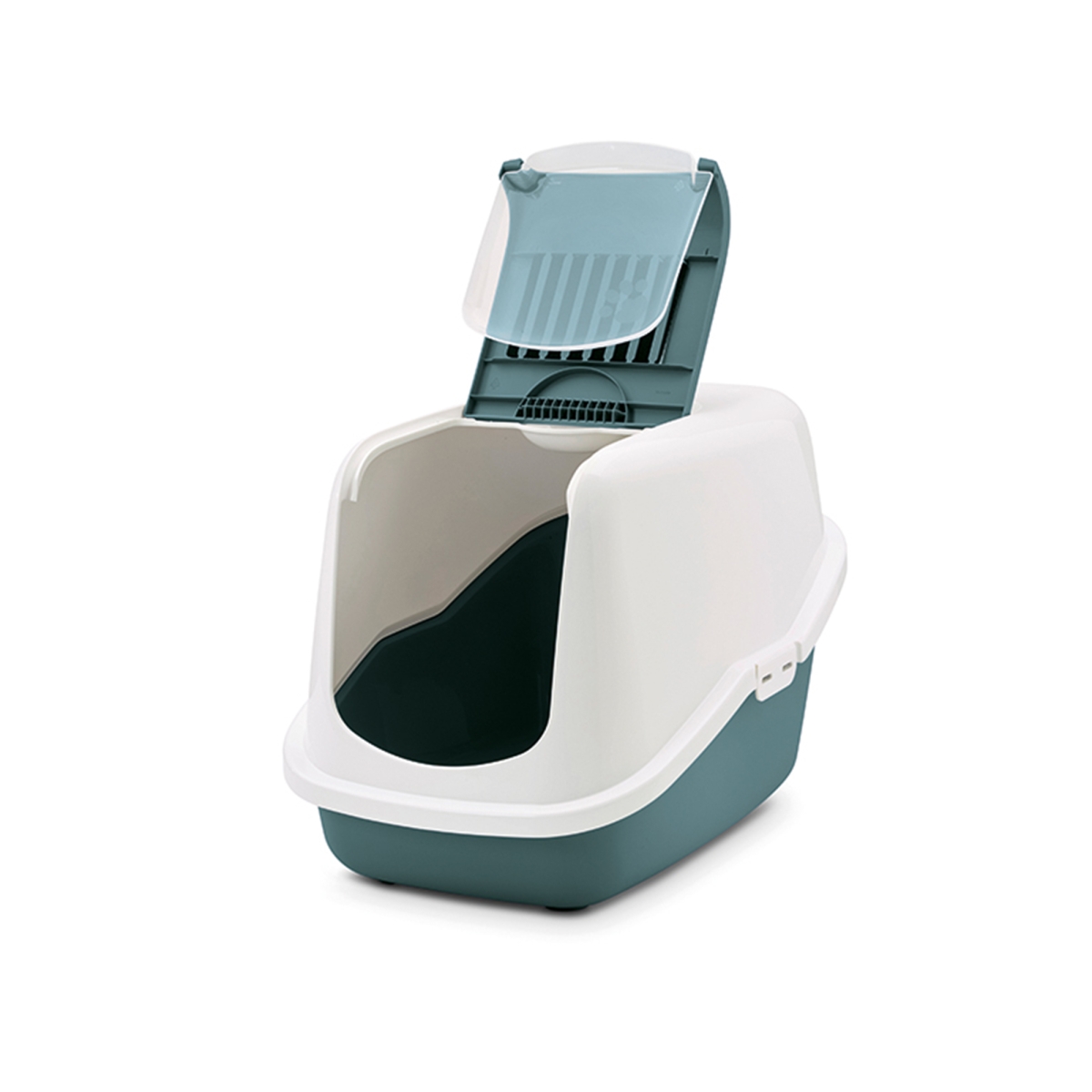 Savic Nestor Nordic Green folding front cat litter box with white hood and carbon filter open front