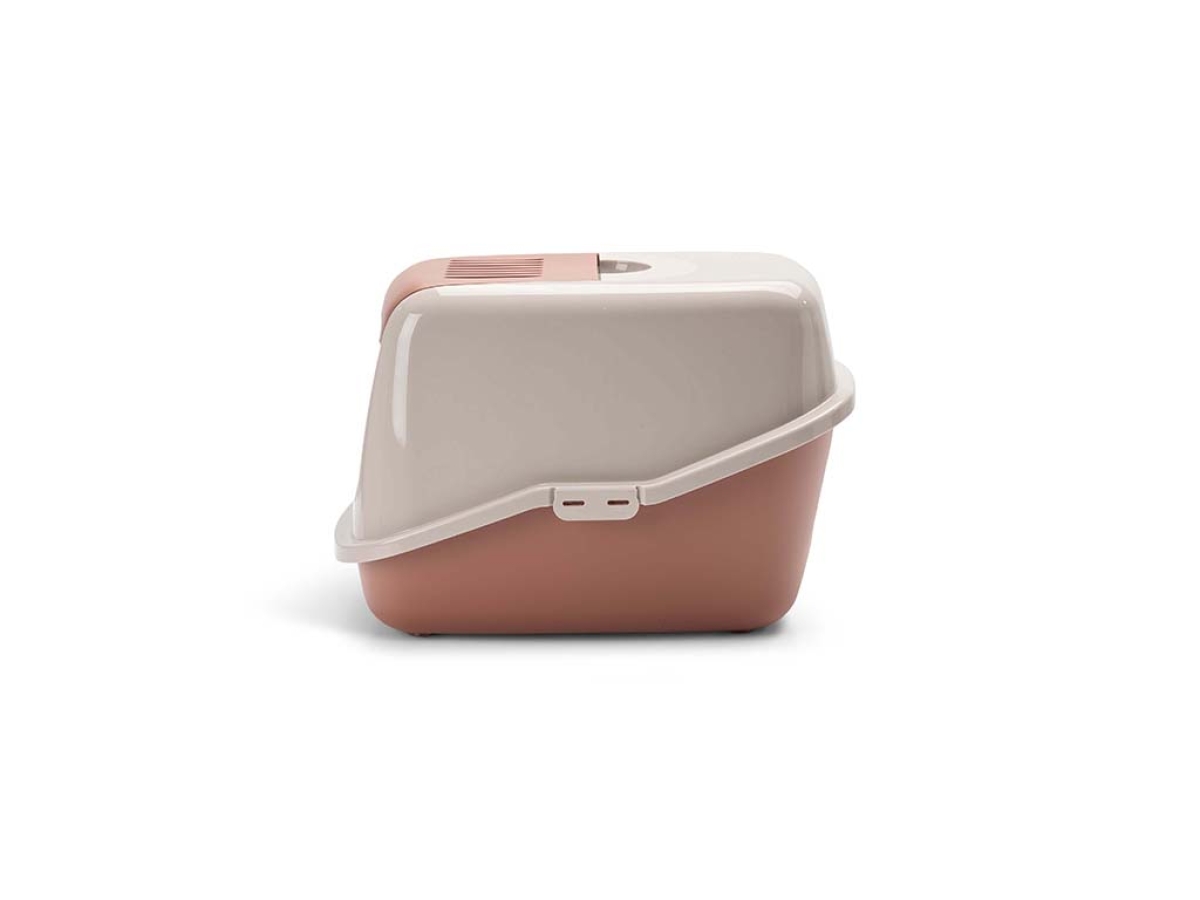 Savic Nestor Champagne Pink–Tuscan Red folding front cat litter box with carbon filter, side view