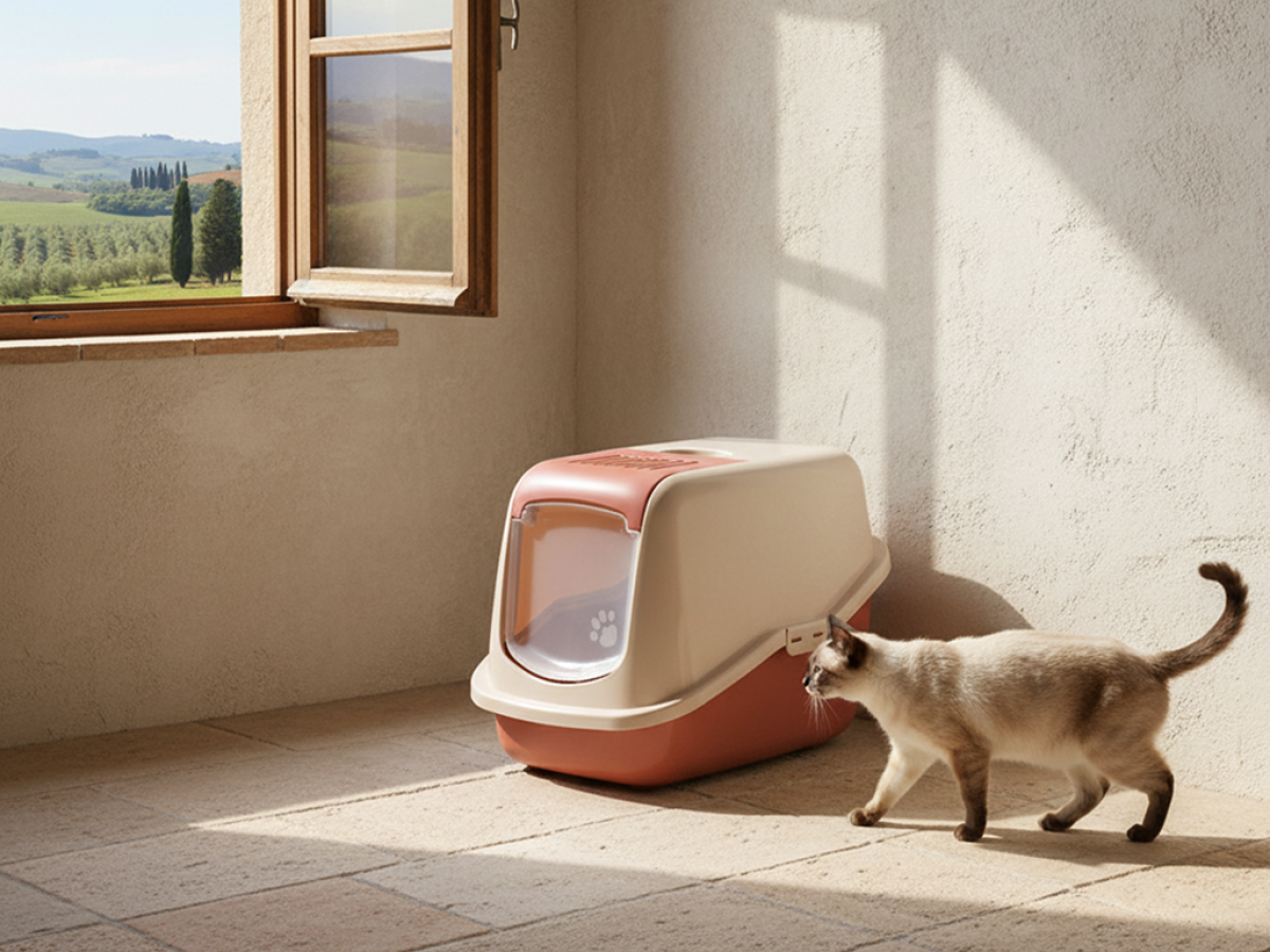 Savic Nestor Champagne Pink–Tuscan Red folding front cat litter box with carbon filter in home setting with cat