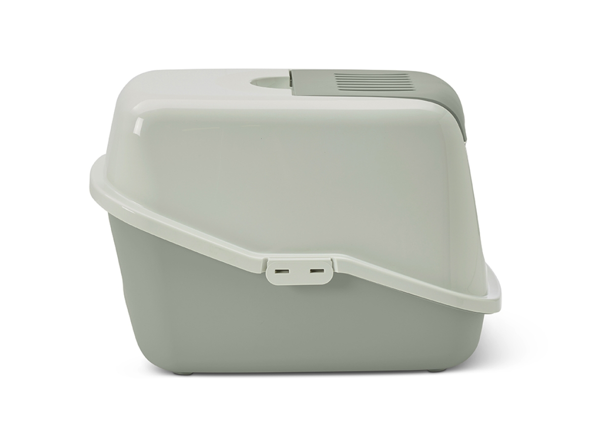Savic Nestor covered cat litter box in eucalyptus green and mint cream with foldable front and swing door.