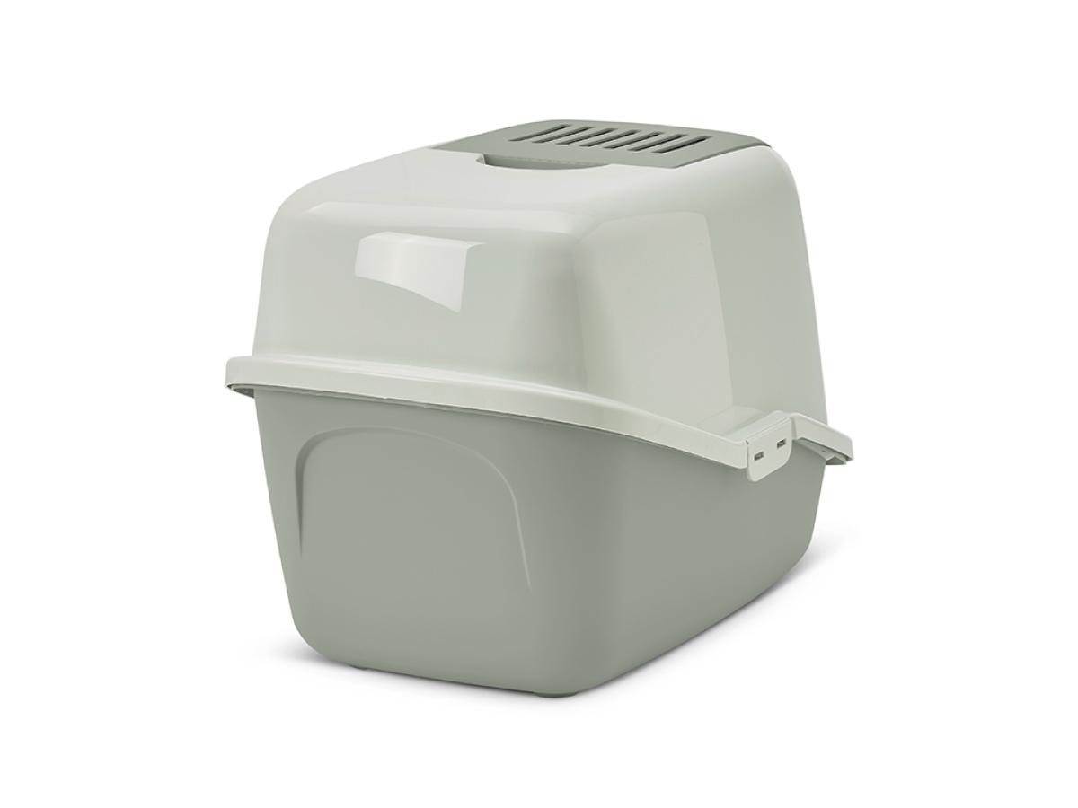 Savic Nestor covered cat litter box in eucalyptus green and mint cream with foldable front and swing door.