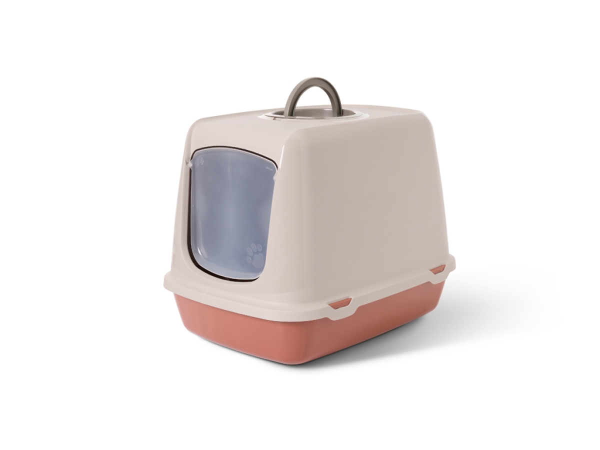 Savic Oscar Tuscan Red cat litter box with hood and swing door.