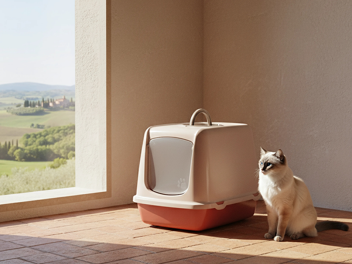 Savic Oscar Tuscan Red cat litter box with hood and swing door.