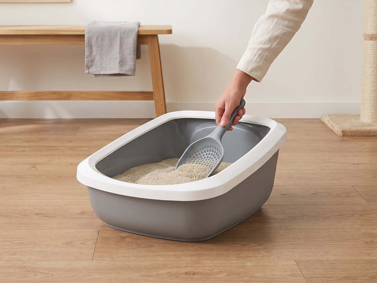 Savic Micro cool grey litter scoop with closely spaced holes for fine clumping cat litter.