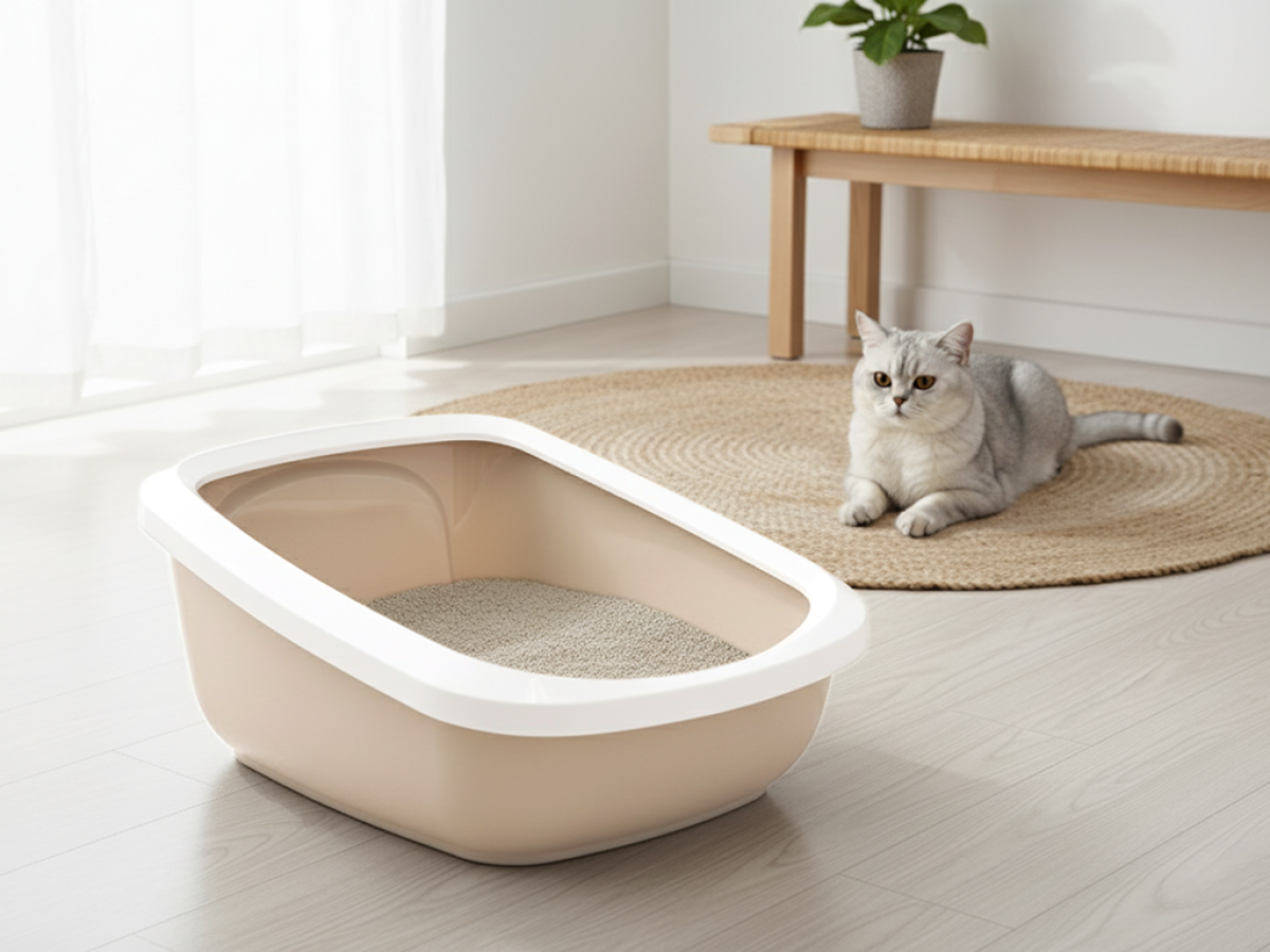 Savic Aseo Jumbo Mocha large high-back cat litter tray with white rim in home setting with cat